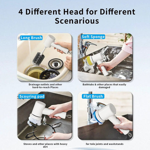Cordless Electric Spin Scrubber With 1500mAh Battery showing four different brush heads for cleaning surfaces