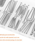 Assorted cotter pins in a clear plastic organizer; 304 stainless steel, 100-piece kit