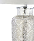 Close-up of Mercury Silver Trellis Glass Table Lamp With White Linen Shade For Living Room Or Bedroom, UL Listed