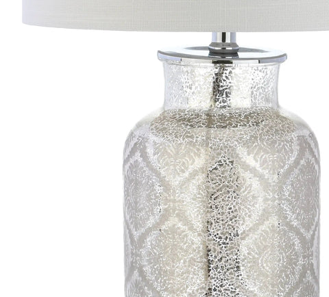 Close-up of Mercury Silver Trellis Glass Table Lamp With White Linen Shade For Living Room Or Bedroom, UL Listed