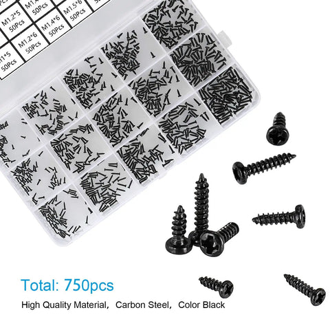 Black Carbon Steel Tiny Phillips Pan Head Self Tapping Screws Set 750 Pcs In 15 Sizes For Electronics Micro Wood Screws Kit M1 To M1.7 displayed