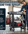Heavy Duty Utility Cart With 2 In 1 Convertible Workstation Transforming From 3 Shelf Cart To Flat Top Workstation, 660 Lb Capacity, Durable HDPE Frame, Ladder Hook, Four Swivel Wheels, Ideal For Garage And Maintenance Shops in use at a workshop with tools and a technician.