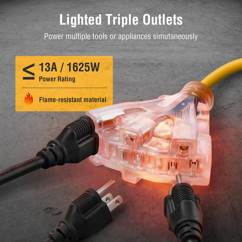 Lighted triple tap outlets of 50 Ft Retractable Extension Cord Reel With 14 Gauge SJTOW Cable 13 Amp Breaker ETL Listed
