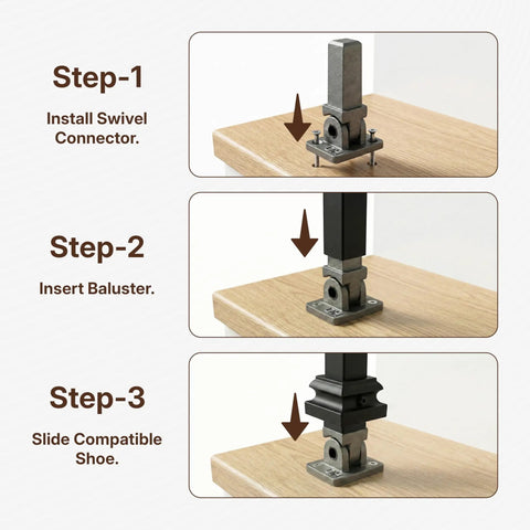 Installation steps for Swivel Baluster Connector For Half Inch Square Balusters, Adjustable Aluminum Structural Mount With Screws