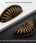 Five Pack Antique Brass Cabinet Cup Pulls 3 Inch Center 76mm Vintage Dresser Handles shown in zinc alloy with antique finish.