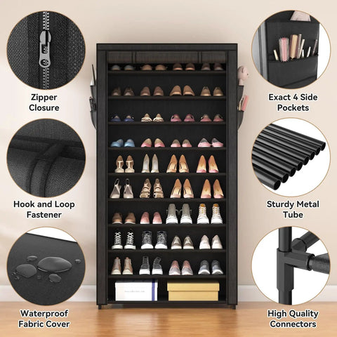 Front view of 10 Tier Shoe Rack With Covers Large Capacity Stackable Tall Shoe Shelf Organizer For 50 To 55 Pairs Of Shoes And Boots