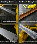Four metal surface examples: rusty, uncoated, cleaned, and powder coat ready. Keywords: Brown Fused Alumina Blasting Media For Metal Glass And Ceramic Surfaces 80 100 120 220 Grit For Sand Blasters Siphon And Pressure Feed Setups Ideal For Rust Removal And Paint Stripping Prep.