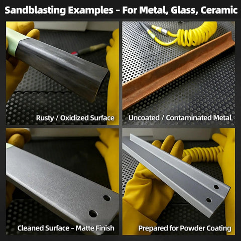 Four metal surface examples: rusty, uncoated, cleaned, and powder coat ready. Keywords: Brown Fused Alumina Blasting Media For Metal Glass And Ceramic Surfaces 80 100 120 220 Grit For Sand Blasters Siphon And Pressure Feed Setups Ideal For Rust Removal And Paint Stripping Prep.