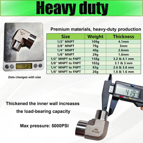 Beefy One Quarter Inch NPT Female To One Quarter Inch NPT Male 90 Degree Street Elbow Pipe Fitting 304 Stainless Steel, weight measurement and dimensions shown.