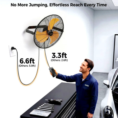Person adjusting 18 Inch Outdoor Wall Mount Fan With 600D Oxford Cover Dustproof Weatherproof IPX4 Waterproof For Patios And Garages Extended 3.3 Ft Wired Remote And 6.6 Ft Power Cord High Velocity Air With 3 Speed Settings Great For Garage Or Patio 2 Pack remote in garage
