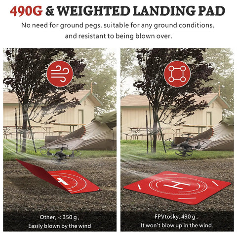 Comparison of lightweight landing pad blown away and Nighttime Reflective Drone Landing Pad with weighted stability on grass.