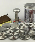 Top Shelf 58.5mm Espresso Tamper Kit Featuring Matte Aluminum Jellyfish Handle And Food Grade Stainless Steel Base With Heavy Duty Silicone Puck Screen And Rugged Case For Daily Drivers Cracking Boss Shots with stainless steel discs and pouch.