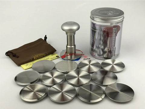 Top Shelf 58.5mm Espresso Tamper Kit Featuring Matte Aluminum Jellyfish Handle And Food Grade Stainless Steel Base With Heavy Duty Silicone Puck Screen And Rugged Case For Daily Drivers Cracking Boss Shots with stainless steel discs and pouch.