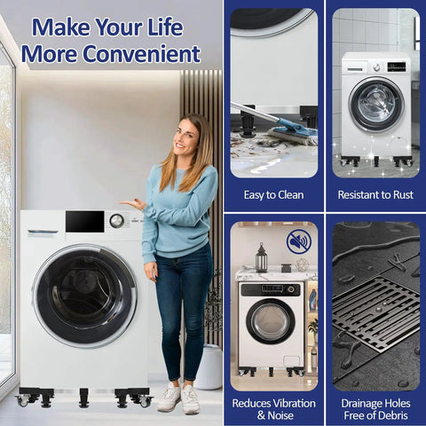 Heavy Duty Appliance Dolly With 10 Support Feet And Four Locking Swivel Wheels For Easy Moving Of Washers Dryers Fridges And Mini Refrigerators Smooth Rolling Stability And Secure Brakes For Safe Transport Around House next to a modern washing machine.