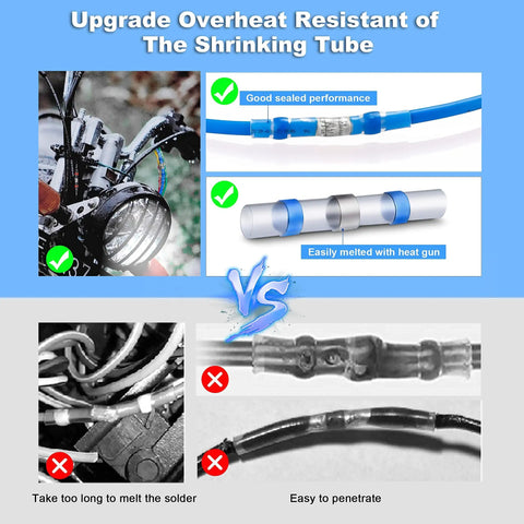 Solder Seal Heat Shrink Butt Connectors Kit 200 Pieces Waterproof Wire Connectors Set For Marine Automotive Boat Truck Electrical Terminals Solderless Insulated Wire Splice Cable Connectors comparison of sealing performance and melting ease with heat gun