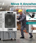 Heavy Duty Portable Evaporative Air Cooler With 12000 CFM Hella Badass Cooling For Large Indoor Outdoor Spaces Sweet Chill With 12 Hour Timer Smart App Remote Control being maneuvered by a man in a warehouse.