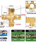 Three Way Garden Hose Splitter With Swivel Elbows High Flow Brass Body And Shut Off Valves Includes Washers And Thread Seal Tape Durable Heavy Duty Hose Bib Adapter Go To Three Quarter Inch Standard Hose Threads, brass 3/4 GHT