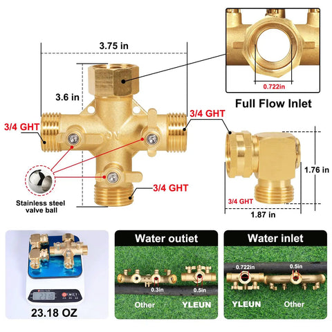 Three Way Garden Hose Splitter With Swivel Elbows High Flow Brass Body And Shut Off Valves Includes Washers And Thread Seal Tape Durable Heavy Duty Hose Bib Adapter Go To Three Quarter Inch Standard Hose Threads, brass 3/4 GHT