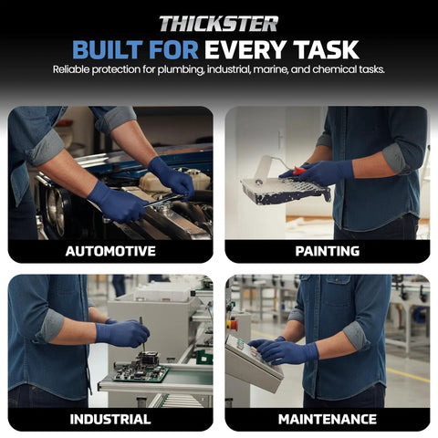 Person using Thickster Powder Free Exam Grade Latex Gloves 14 Mil Heavy Duty Disposable Extra Large Size 50 Count for various tasks