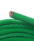 Close-up of Heavy Duty 2/0 Awg Welding Cable And Car Battery Lead With Tough Epdm Sheath Built Stateside For Rough Job Sites, green insulated.