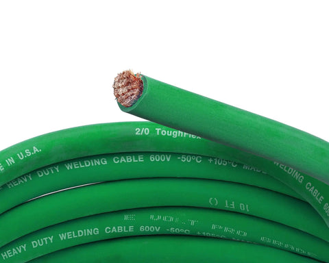 Close-up of Heavy Duty 2/0 Awg Welding Cable And Car Battery Lead With Tough Epdm Sheath Built Stateside For Rough Job Sites, green insulated.