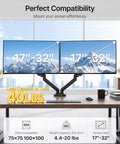 Heavy Duty Dual Monitor Arm Stand With Integrated USB Charging Ports Fits 17 To 32 Inch Screens Up To Nineteen Point Eight Pounds mounted on desk.
