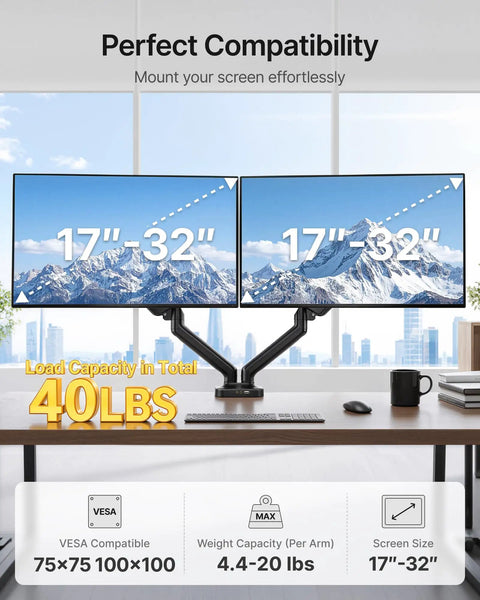 Heavy Duty Dual Monitor Arm Stand With Integrated USB Charging Ports Fits 17 To 32 Inch Screens Up To Nineteen Point Eight Pounds mounted on desk.