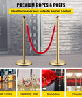Gold Stanchions With Velvet Ropes Set Of 4, Solid Concrete Base And Stainless Steel Posts, 5ft Red Velvet Ropes For Crowd Control