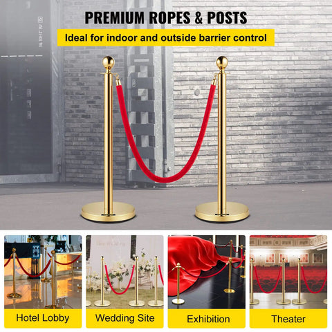 Gold Stanchions With Velvet Ropes Set Of 4, Solid Concrete Base And Stainless Steel Posts, 5ft Red Velvet Ropes For Crowd Control