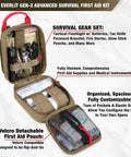 Upgraded Survival First Aid Kit With 1000D Nylon EMT Pouch Tactical Trauma Kit opened to show survival gear and medical supplies.
