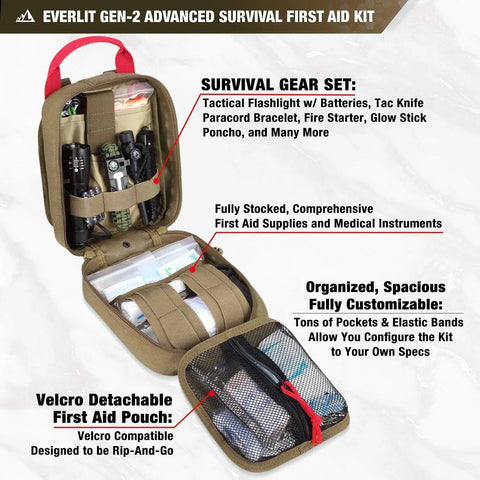 Upgraded Survival First Aid Kit With 1000D Nylon EMT Pouch Tactical Trauma Kit opened to show survival gear and medical supplies.