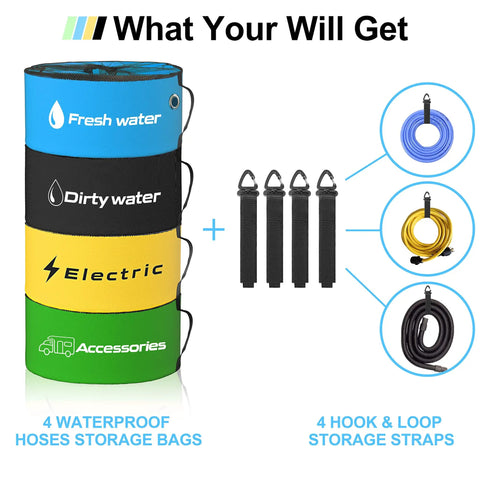 RV Storage And Organization Bags 4 Pack Black Blue Yellow Green Waterproof Organizer For Sewer Hoses Fresh And Waste