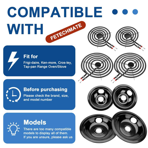 Black Porcelain Drip Pan and MP22YA Burner Replacement for Frigidaire Kenmore Tappan Electric Stovetops Fits 6 Inch Oven Drip Pan and 8 Inch