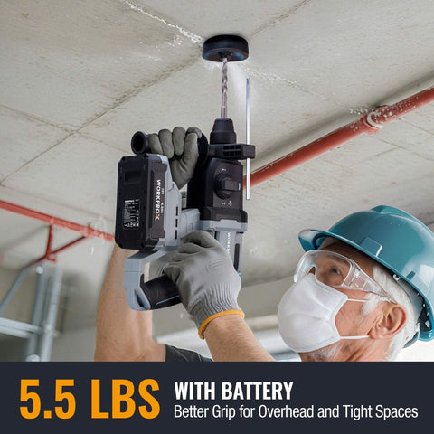 Worker using Cordless 20V Rotary Hammer Drill With SDS Plus Chuck, 7/8 Inch Capacity, 2.0J Concrete Hammer for overhead drilling