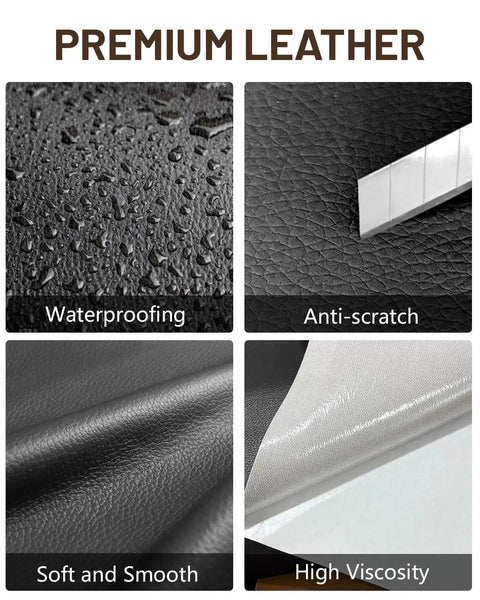 Black premium leather material showing waterproof and soft texture for Heavy Duty Self Adhesive Leather Repair Tape Kit For Beat Up Furniture Sofa And Car Seats Quick Waterproof Vinyl Patch Fix That Gonna Restore Your Gear Without Draining Your Sweet Cash.