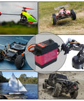 2 Pack 30Kg Digital RC Servo With Full Metal Gear DS3230MG Waterproof Steering RC Servo in center, surrounded by various RC vehicles