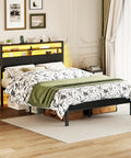 Kick Back With This Legit Sturdy Full Size Bed Frame Featuring A Modern Wooden Headboard And Dual Roomy Fabric Storage Drawers With Premium Quality Black Oak Build, showcasing LED lights and stylish bedding.