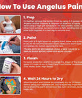 Step-by-step instructions for using Angelus paint on leather items with images of paint application process.