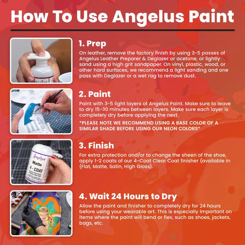 Step-by-step instructions for using Angelus paint on leather items with images of paint application process.