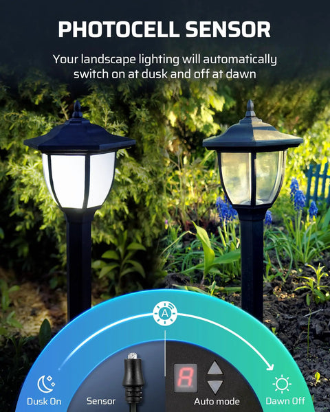 100W Low Voltage Landscape Transformer With Photocell Sensor For Dusk To Dawn Outdoor LED Lighting setup with garden lights