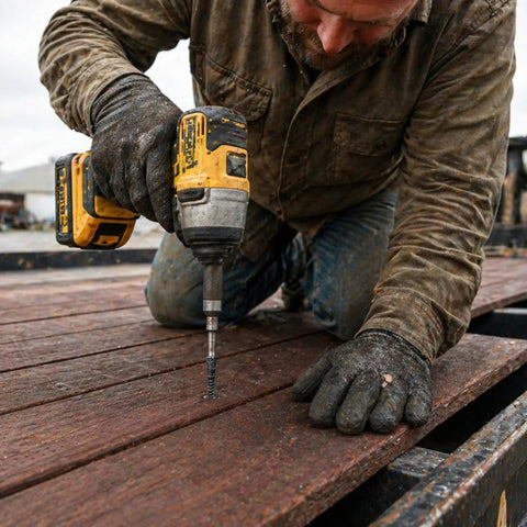 Man using a drill to install Ride Tough 5/16-18 By 2-1/2 Inch Trailer Deck Screws on trailer floorboards.