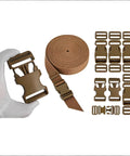 Quick Release Side Buckles and Straps Kit for Outdoors, 3/4 Inch Webbing in Brown Tan Khaki, includes buckles and rolled strap.