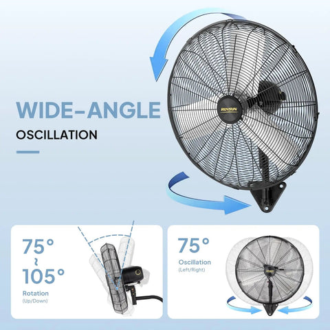 24 Inch Industrial Wall Mounted Fan With Dual Ball Bearing Motor And Aluminum Blade displaying oscillation angles