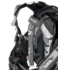 Side view of Dragon SLS Weight System BCD For Scuba Diving With High Lift And Durable 420D Cordura, showing inflator hose and harness details.