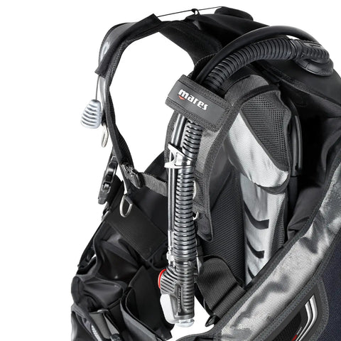 Side view of Dragon SLS Weight System BCD For Scuba Diving With High Lift And Durable 420D Cordura, showing inflator hose and harness details.