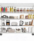 Heavy Duty 5 Tier Rolling Metal Wire Storage Rack With Smooth Gliding Casters For Garage Or Pantry with kitchen items organized.