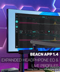 USB XLR Audio Interface For Creators With Built In DSP Mic Chain, interface software displayed on monitor screen.