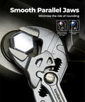 Close-up of 7-Inch Chrome Plated Pliers Wrench With CR-V Steel, Smooth Parallel Jaws gripping a hex nut on a metallic surface.