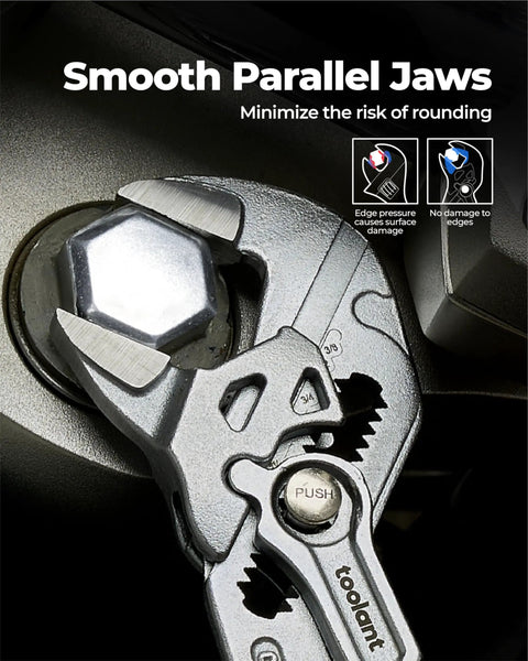 Close-up of 7-Inch Chrome Plated Pliers Wrench With CR-V Steel, Smooth Parallel Jaws gripping a hex nut on a metallic surface.