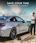 Parking lot scene with Portable Tire Inflator Air Compressor With Digital Pressure Gauge, 12V DC Car Pump next to a car